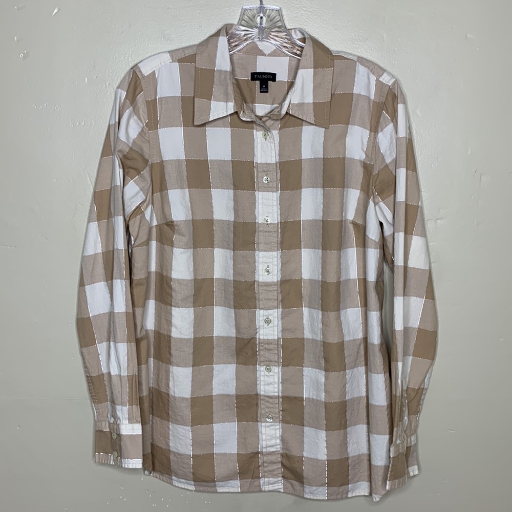 TALBOTS Shirt Tan Metallic Silver Buffalo Check Cotton Button Down Medium